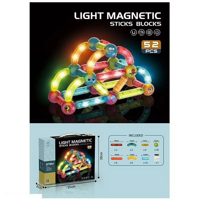 Магнітний конструктор "Light Magnetic Sticks blocks", що світиться, 52 дет