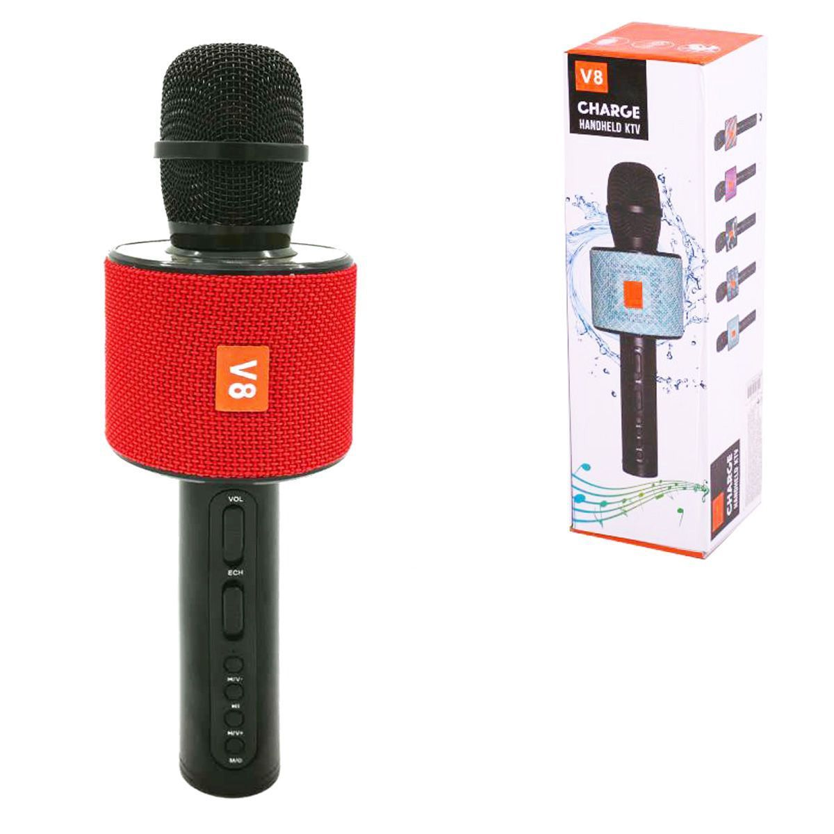 Уценка.  Беспроводной караоке микрофон "CHARGE V8" с Bluetooth (красный) - Повреждена упаковка\не товарный вид