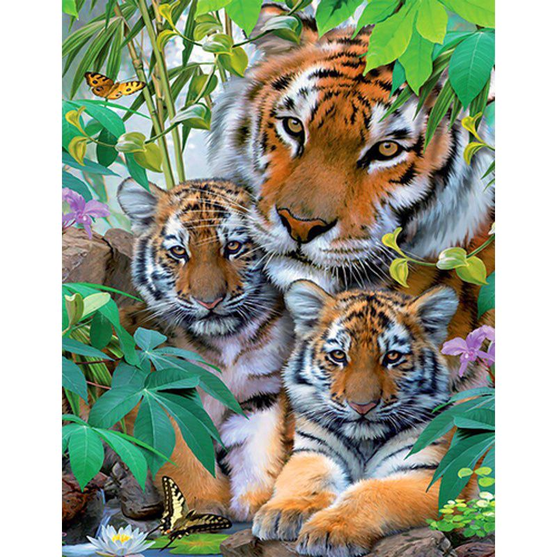 Алмазна мозаїка, на рейках "Тигр с детками" 40х50 см