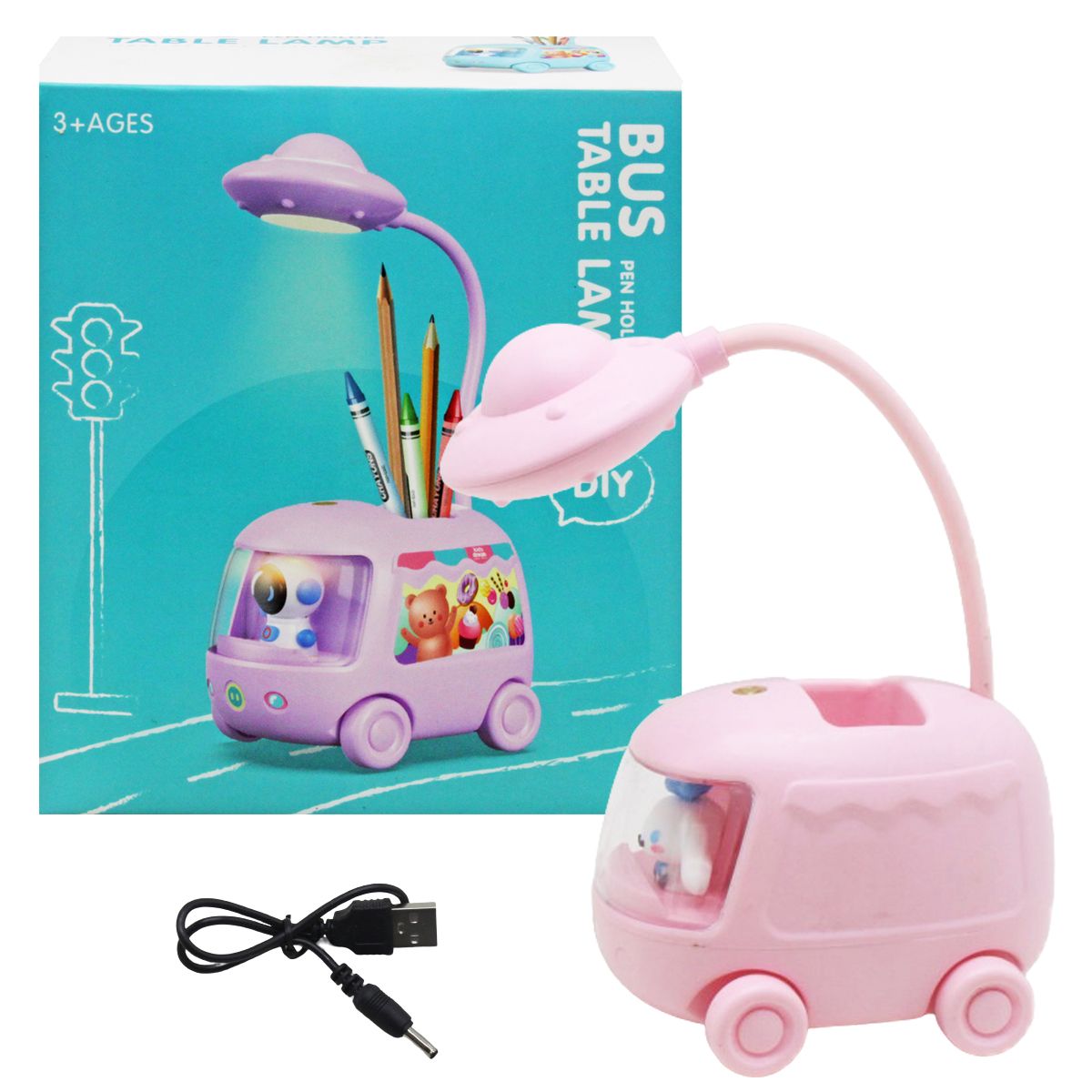 Детская настольная лампа "Bus", розовая