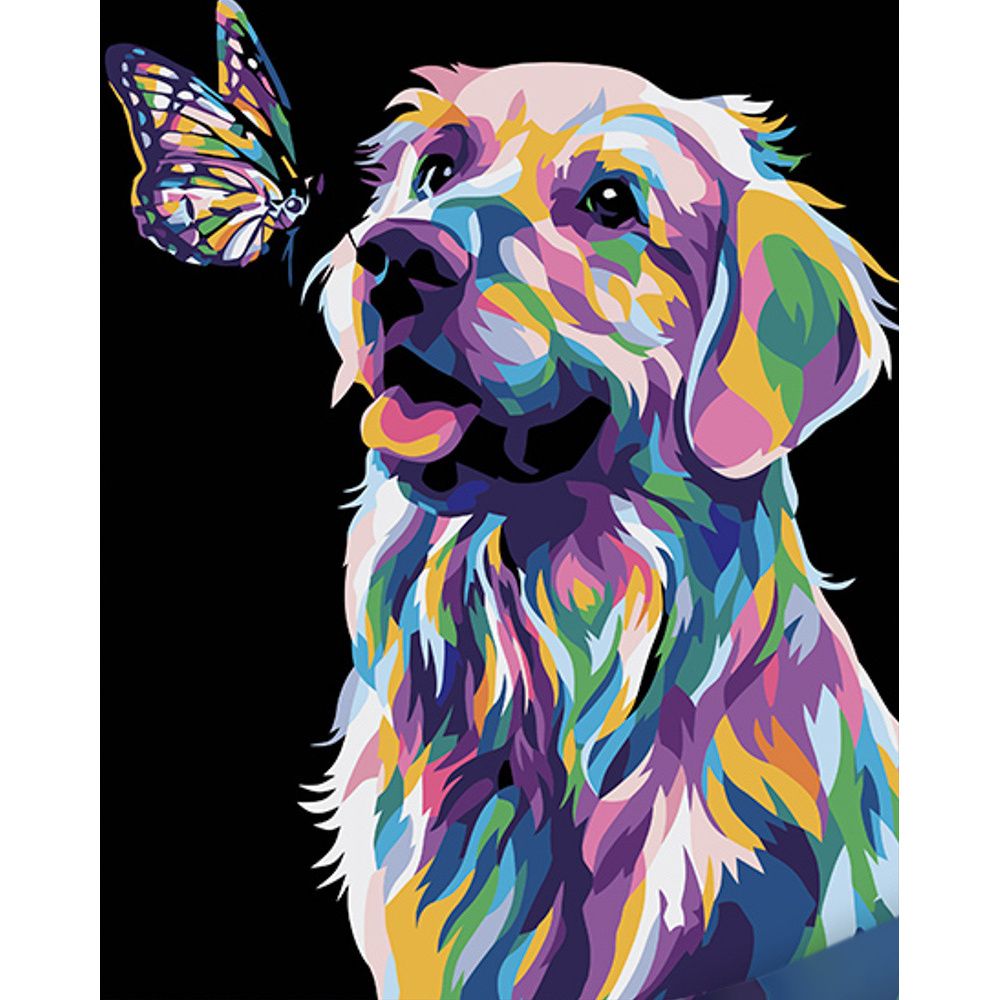 Картина за номерами на чорному фоні "Поп-арт собака з метеликом" 40х50