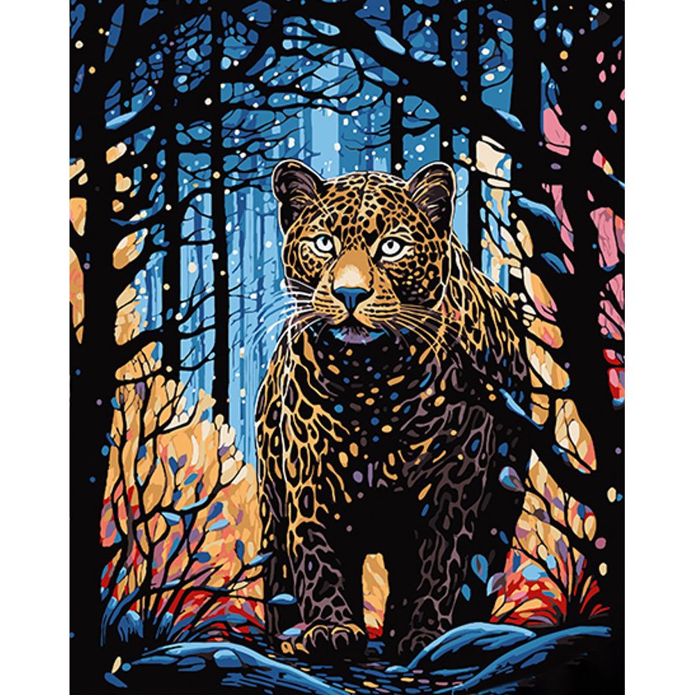 Картина за номерами на чорному фоні "Леопард на полюванні" 40х50