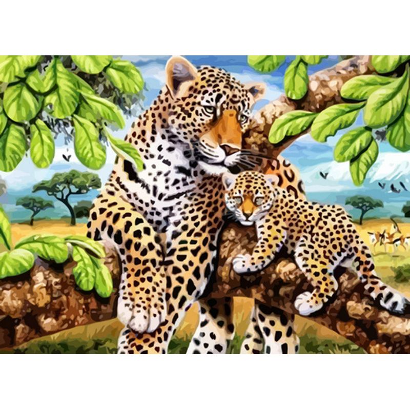 Алмазна мозаїка, без підрамника "Леопард з дитинчам" 50х65 см
