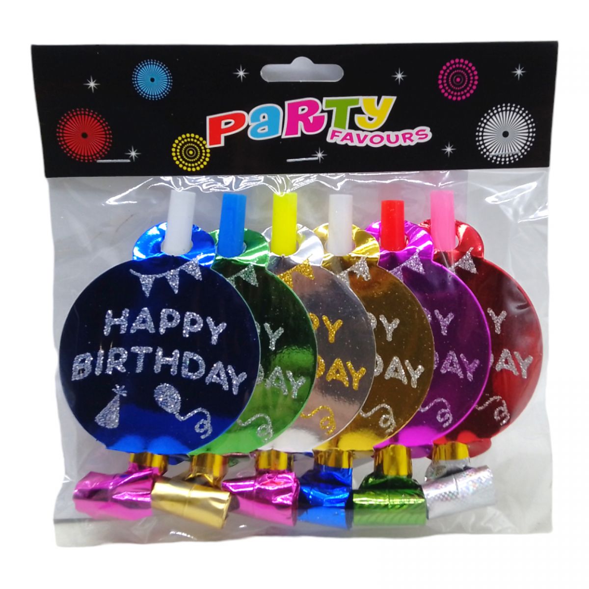 Набір карнавальних свистків "Happy birthday - кольорові" фольгованих з колом