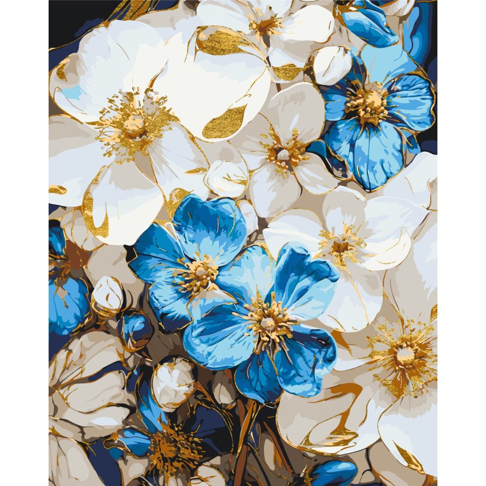 Картина по номерах з фарбами металік "Біло-блакитні квіти" 50x60 см
