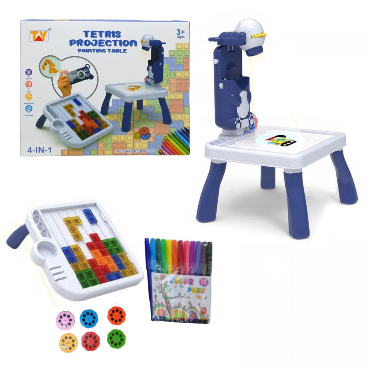 Дитячий столик для малювання з проектором, мозаїка-тетріс (синій)