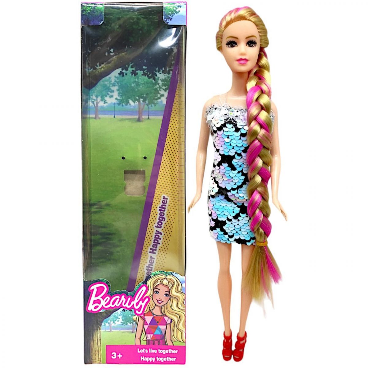 Кукла в платье с пайетками (блондинка в черно-голубом)