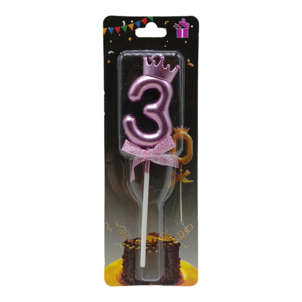 Свічка для торта "Цифра 3 з короною", рожева