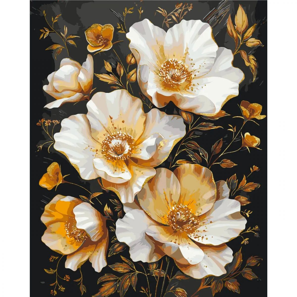 Картина по номерах з фарбами металік "Золоті квіти на чорному тлі" 40x50 см