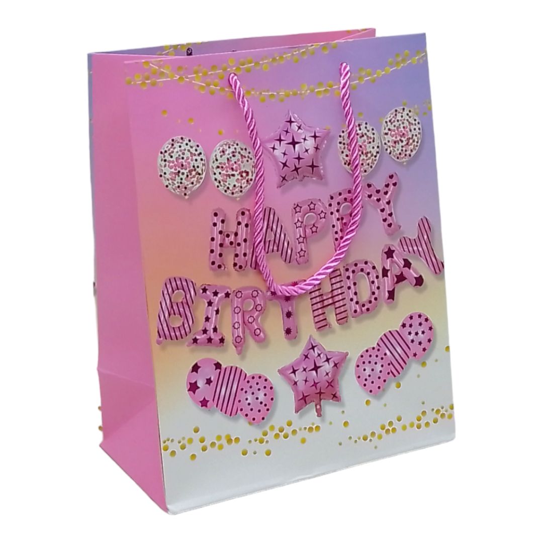 Пакет подарочный "Happy Birthday" (18х10х23 см. ), розовый