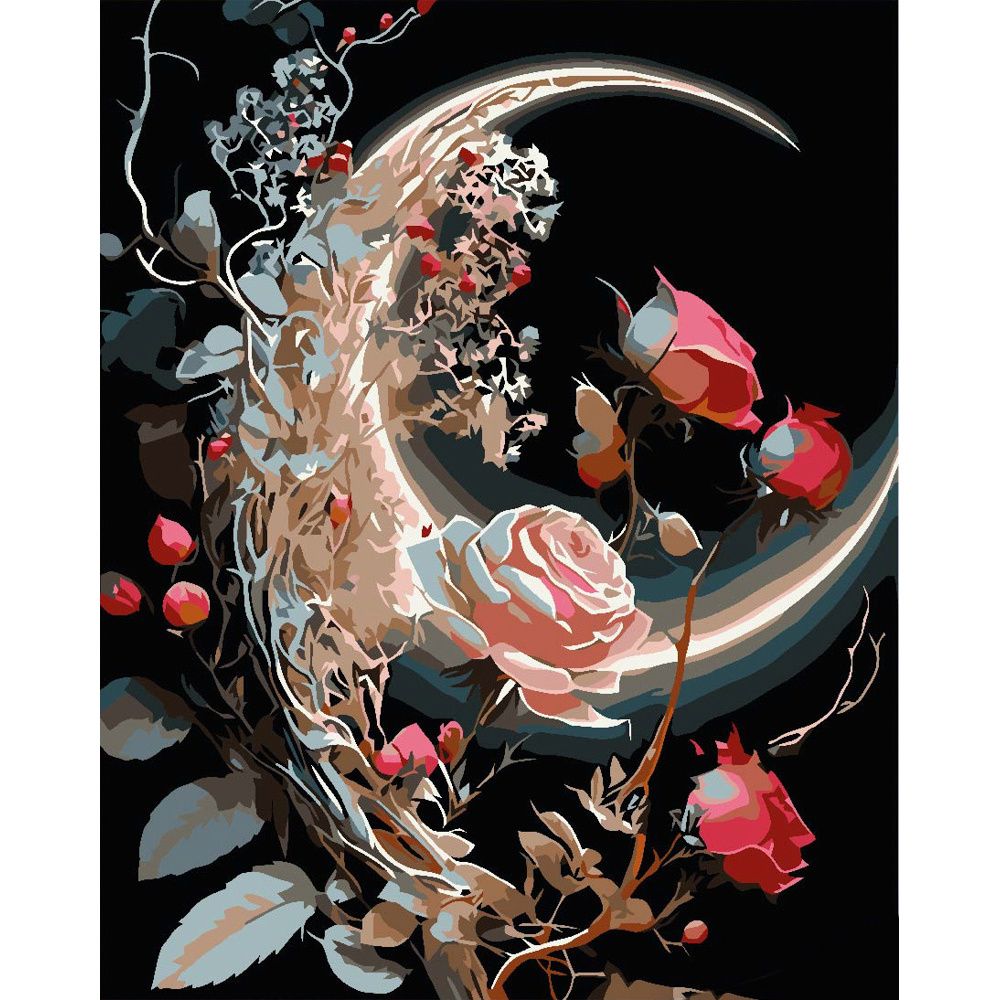 Картина за номерами на чорному фоні "Місяць у трояндах" 40х50