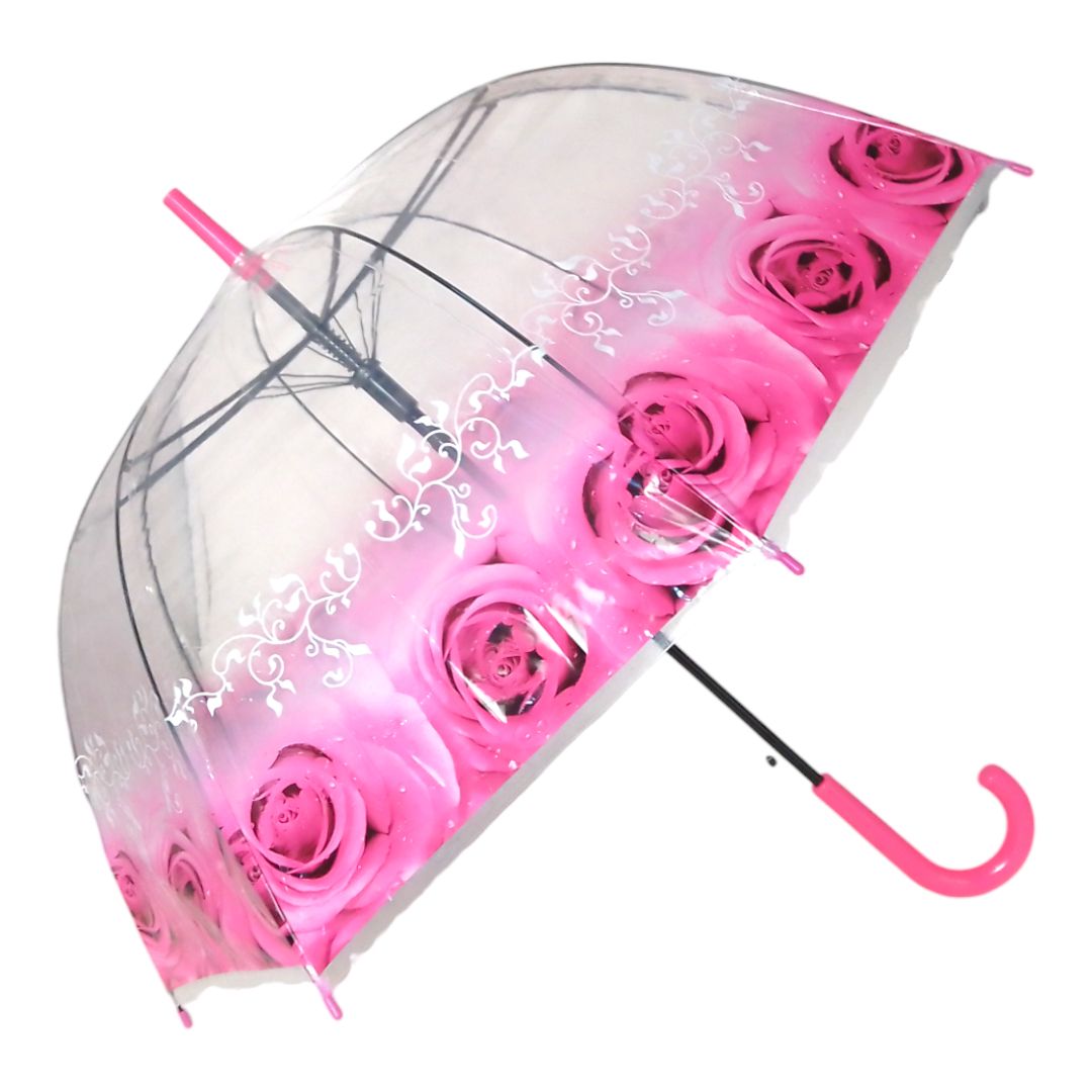 Зонтик трость (прозрачный) "Розы", розовый