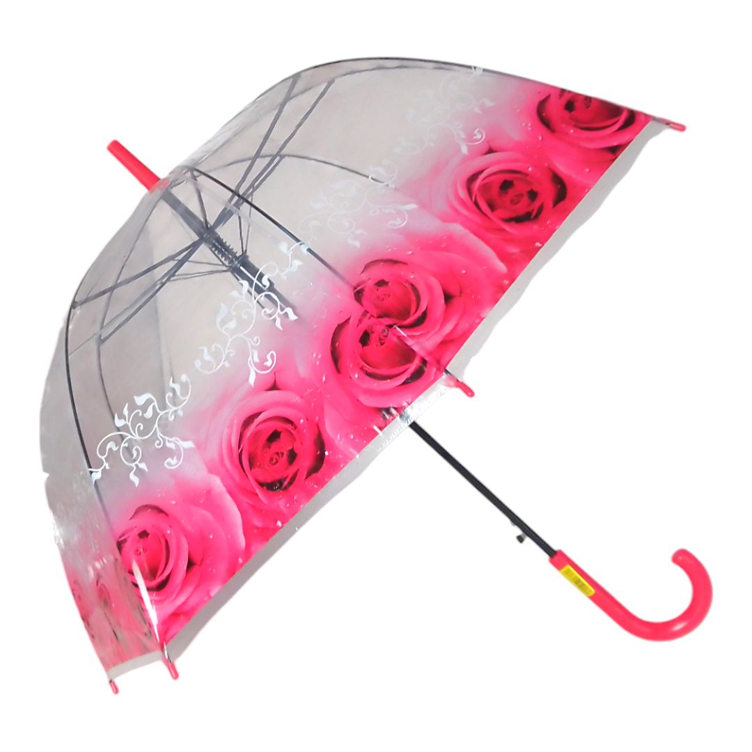 Зонтик трость (прозрачный) "Розы", малиновый