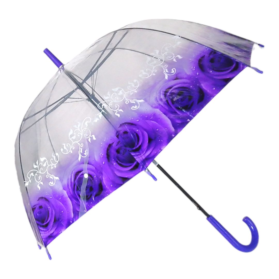 Зонтик трость (прозрачный) "Розы", фиолетовый