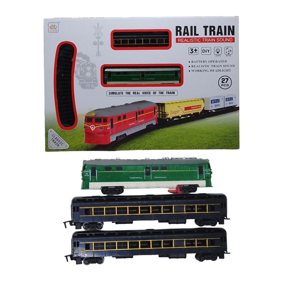 Железная дорога "Rail Train", 27 элементов, звук, подсветка, локомотив, 2 вагона (зеленый)