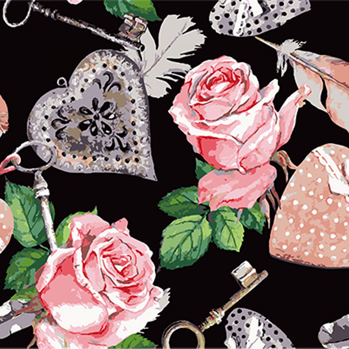 Картина за номерами на чорному фоні "Квіткове серце рожевих троянд", 40х40 см