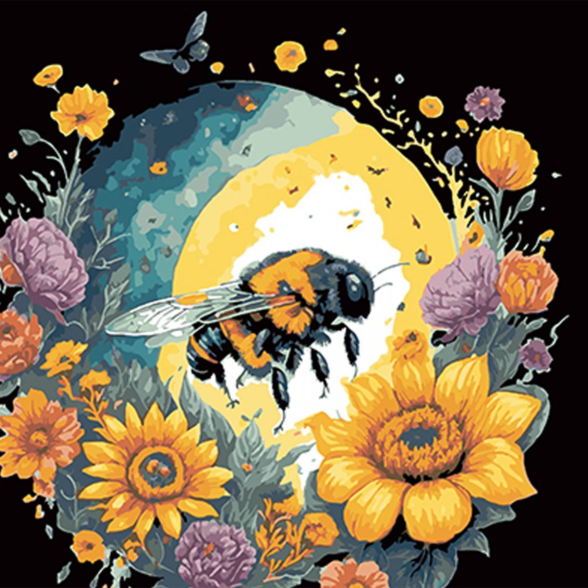 Картина за номерами на чорному фоні "Бджола і квіткова краса", 40х40 см