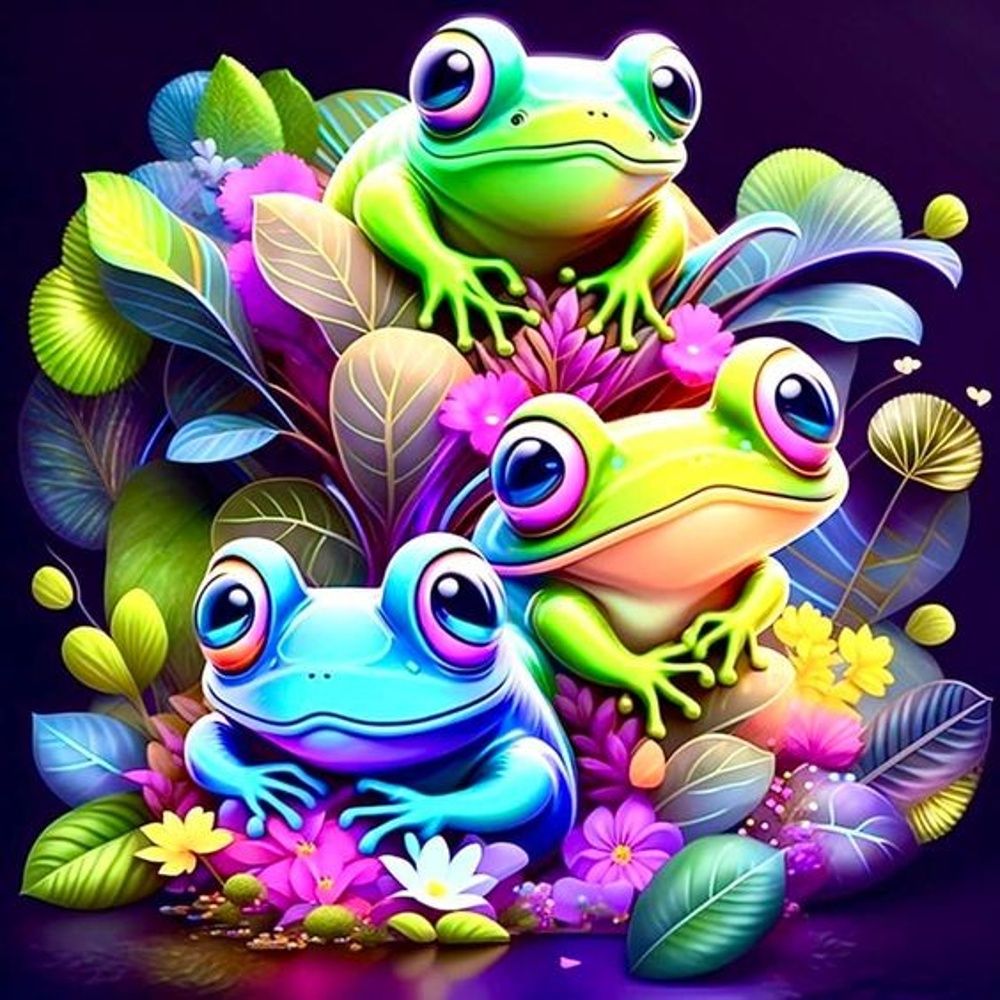 Картина за номерами на чорному фоні "Різнобарвні жабенята" 40х40 см