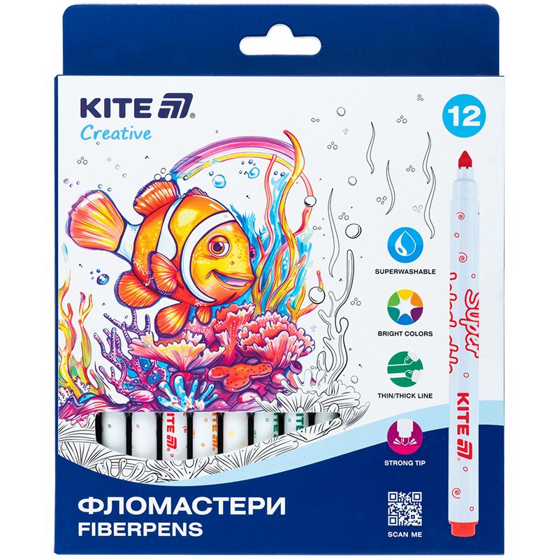 Фломастери, набір 12шт, Kite Creative Superwashable