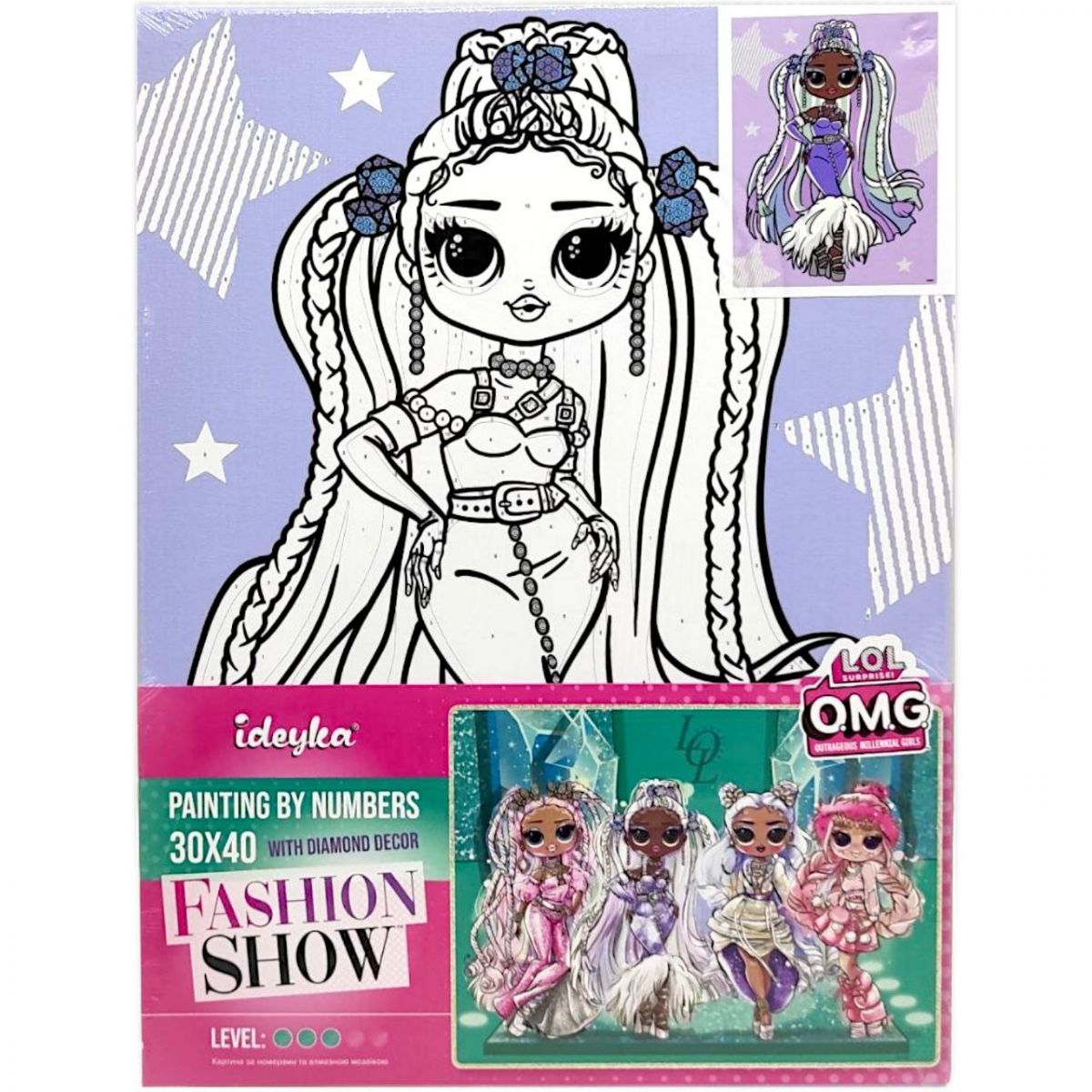 Картина за номерами зі стразами для дітей "L. O. L.  Surprise! O. M. G.  Fashion show Lady Braids" 30х40 см