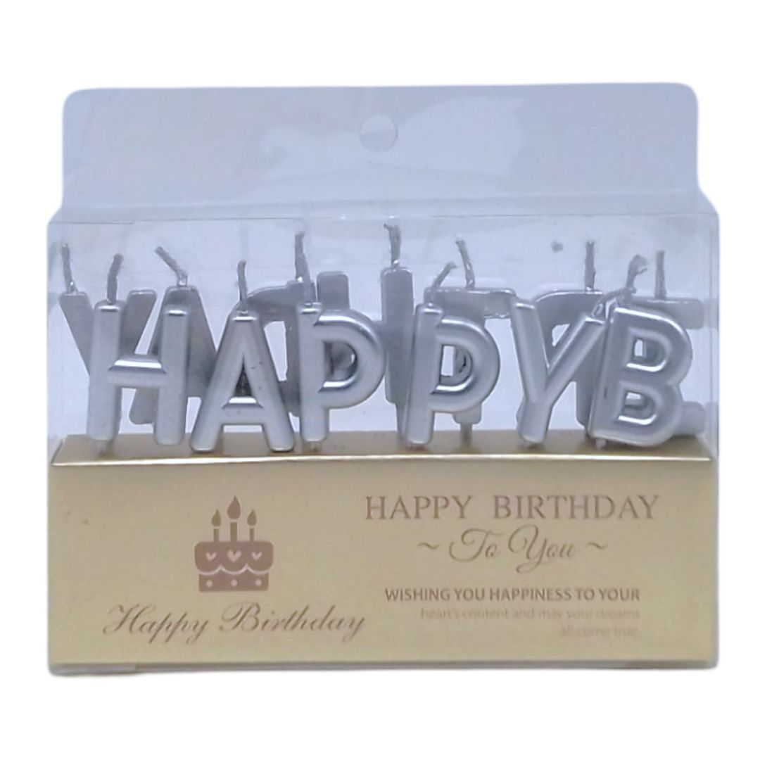Свічки для торта "Happy Birthday" срібло  фото 1
