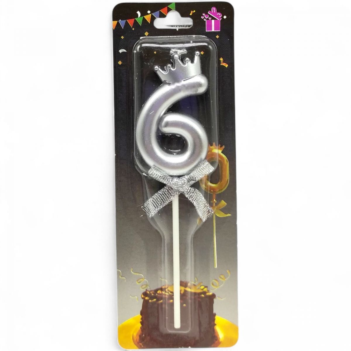 Уцінка.  Свічка-цифра 6 з короною (Срібна) планшет - Надламана свічка  фото 1