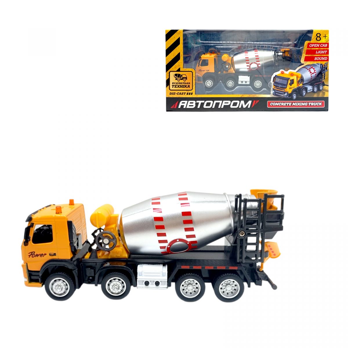 Стройтехника мет.  АВТОПРОМ VOLVO Автобетоносмеситель, бат, свет, звук, подвижные детали, в короб.  28*14*10см  фото 1