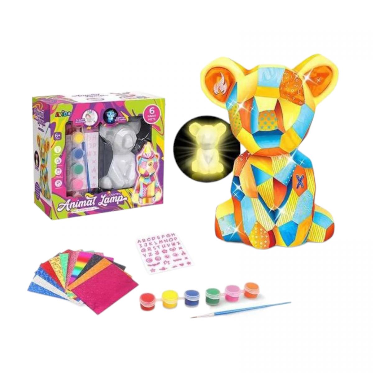 Набор для творчества "Ночник" "Мишка", подсветка, краски, кисточка, наклейки, в коробке.  фото 1