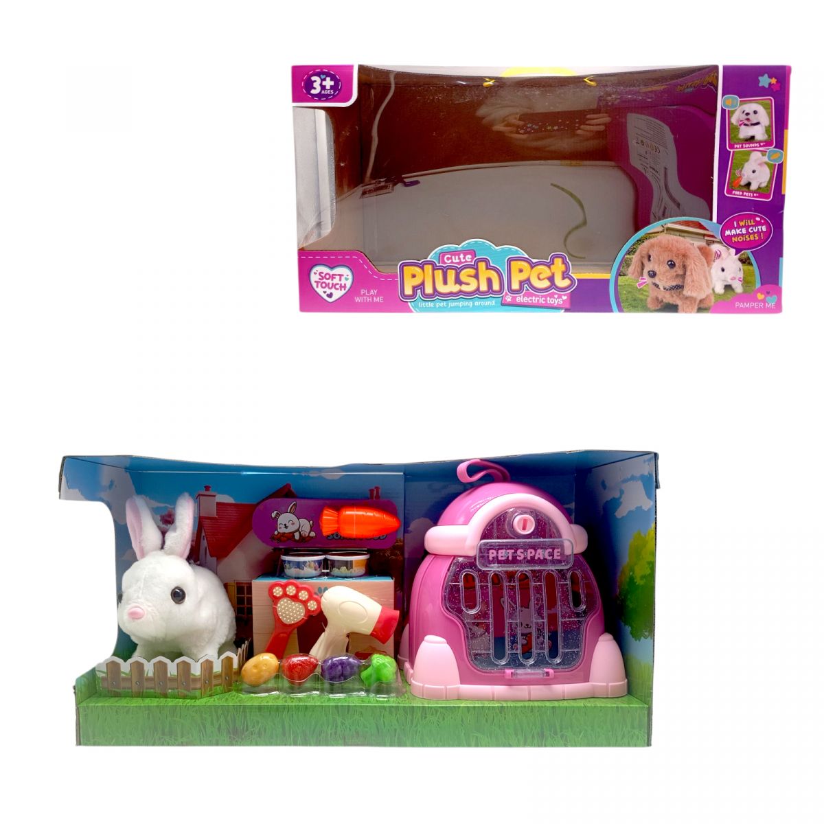Улюбленець “Кролик”, на батарейках, звук, рух лапками, головою і хвостиком, переноска, мисочки, фен, гребінець, в коробці  фото 1