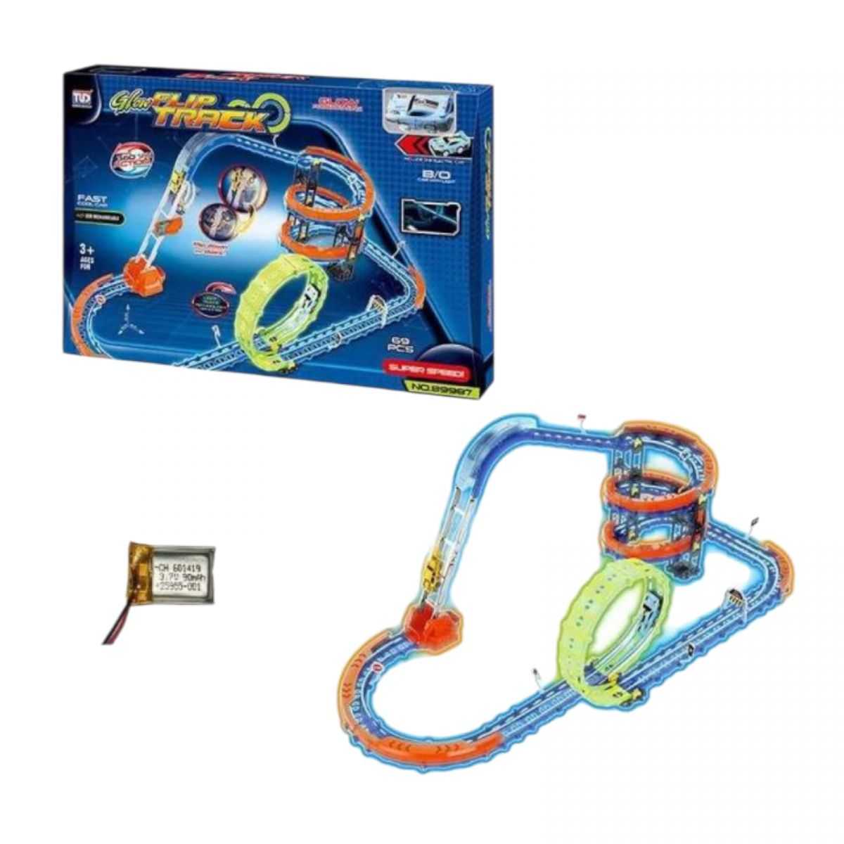 Трек 69 елементів, машинка із вбудованим акумулятором, підсвічування, світиться у темряві, трюки, муляжі оточення, в коробці  фото 1