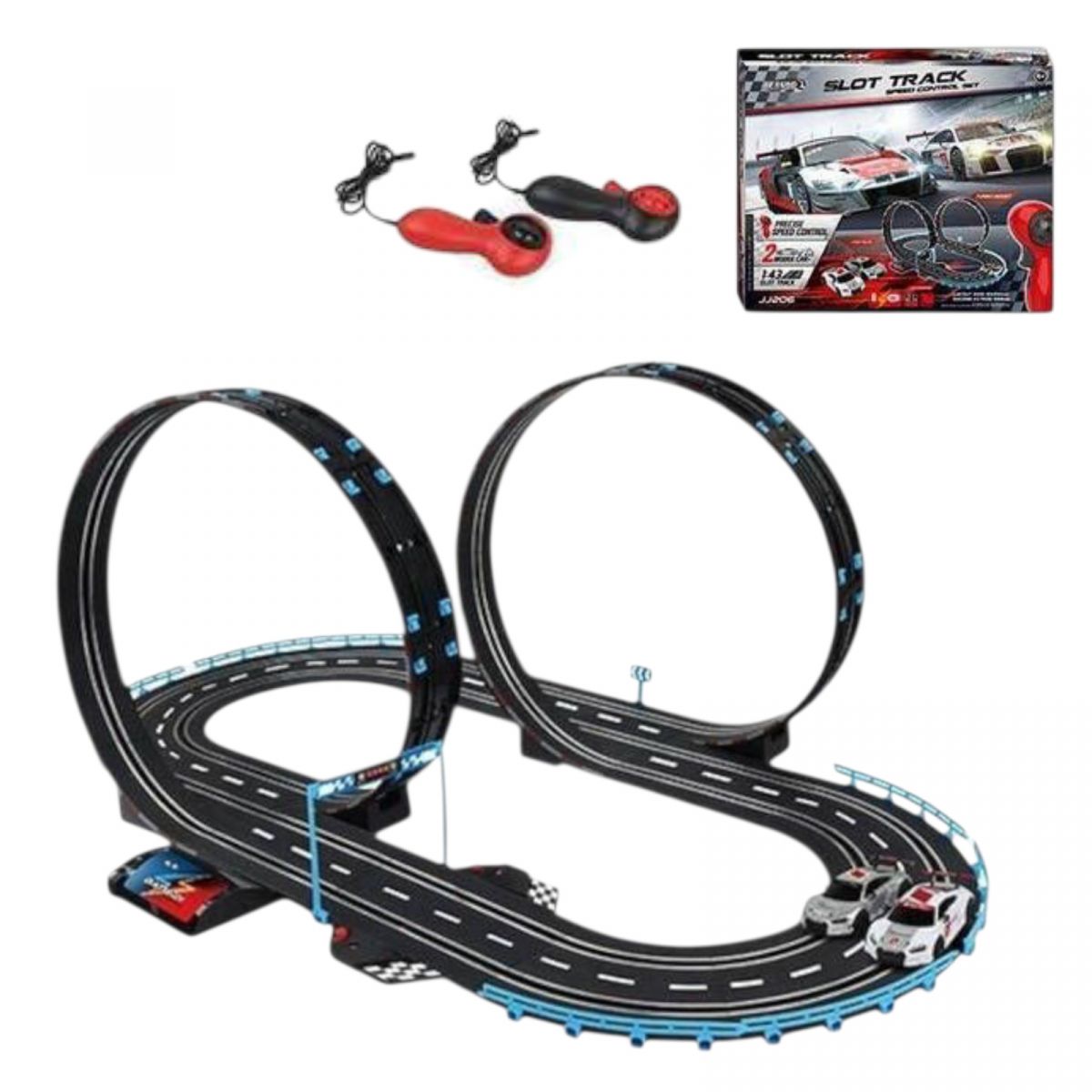 Трек на радіокеруванні траса 61х100 см, підсвічування, 2 машинки, мертва петля, 2 пульти керування, підключення до траси за допомогою проводу, від батарейок та від мережі, в коробці  фото 1
