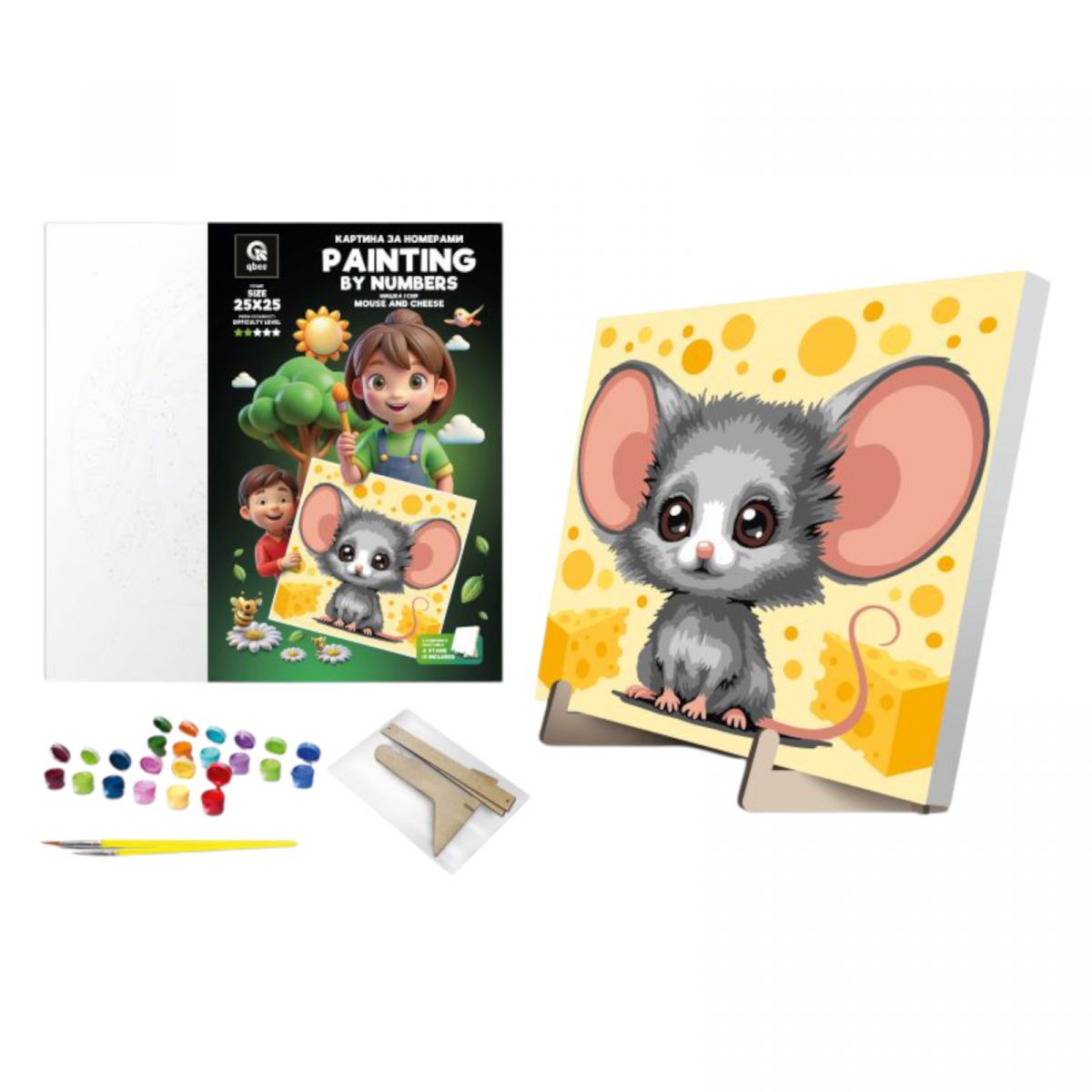 Набір для розпису по номерах 25х25 см "Мишка і Сир" з деревʼяною підставкою  фото 1