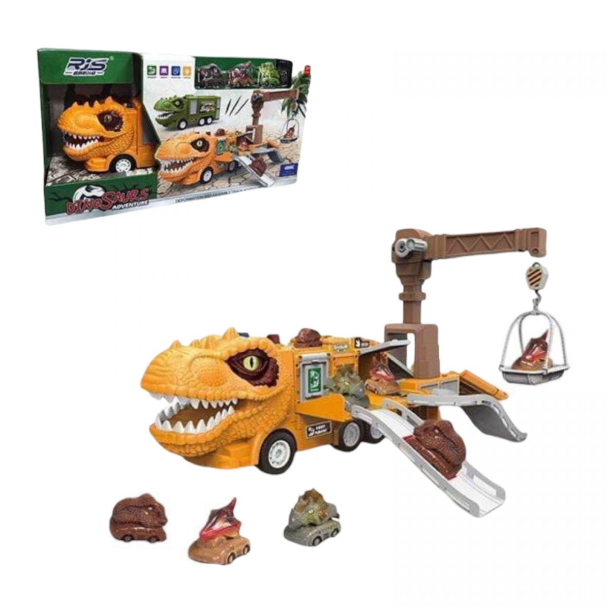 Парковка инерционный механизм, 3 машинки, подъемный кран, 10 мелодий, звуки работы, рык, подсветка, наклейки, инструкция, в коробке  фото 1