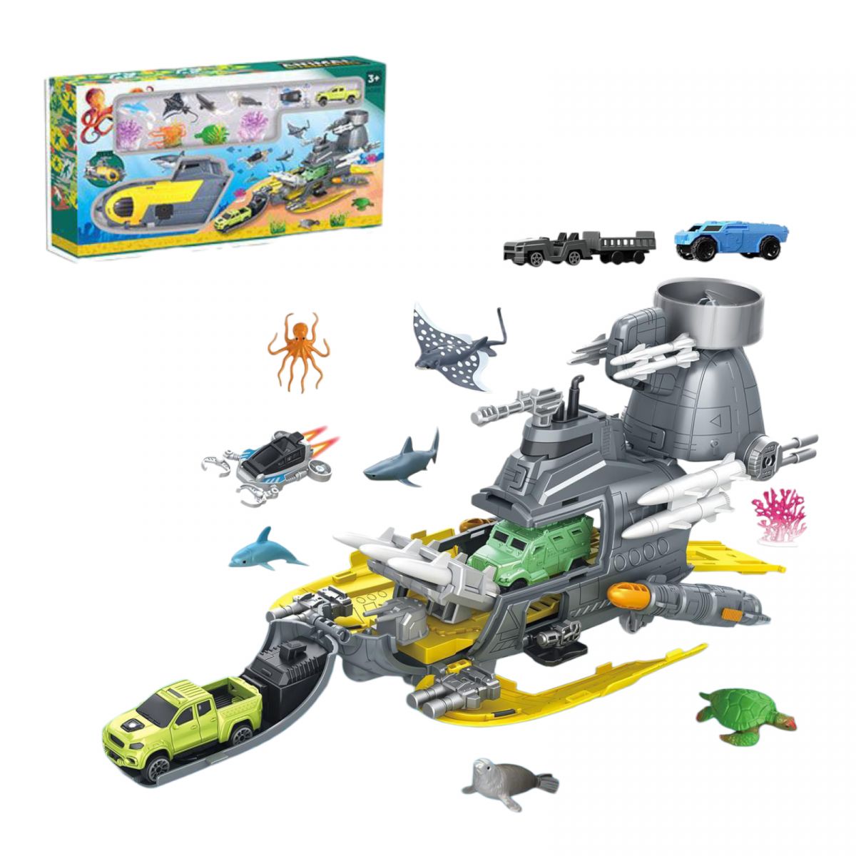 Підводний човен “Субмарина”, 6 фігурок тварин, розкладається, механічний запускач, 2 пушки, снаряди, рухомі елементи, в коробці  фото 1