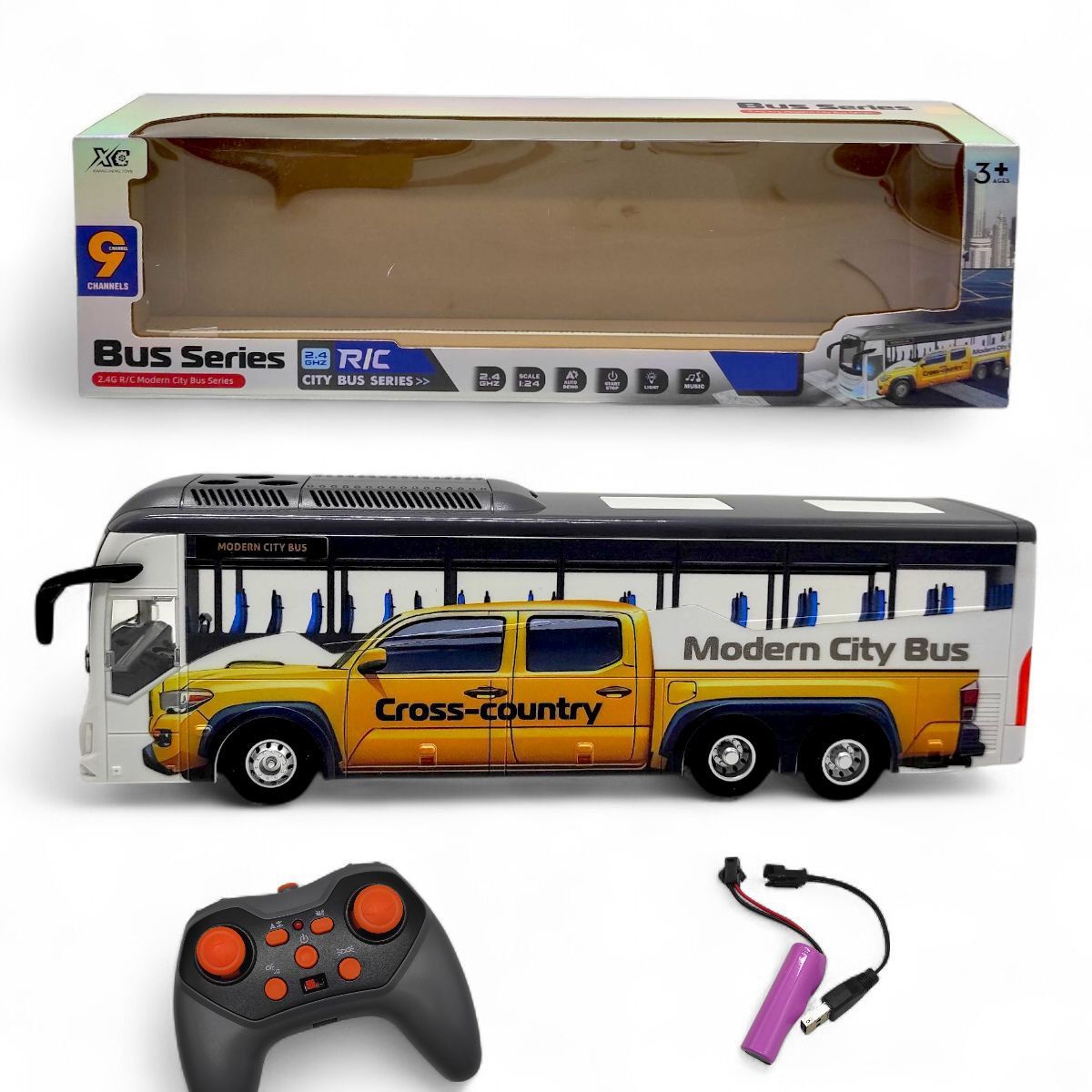 Автобус на радіокеруванні (акумулятор 3. 7 V, пульт керування 2. 4 GHz, масштаб 1:24, підсвічування, мелодії, режим демонстрації) коробка - 43,5х13,5х9 см  фото 1