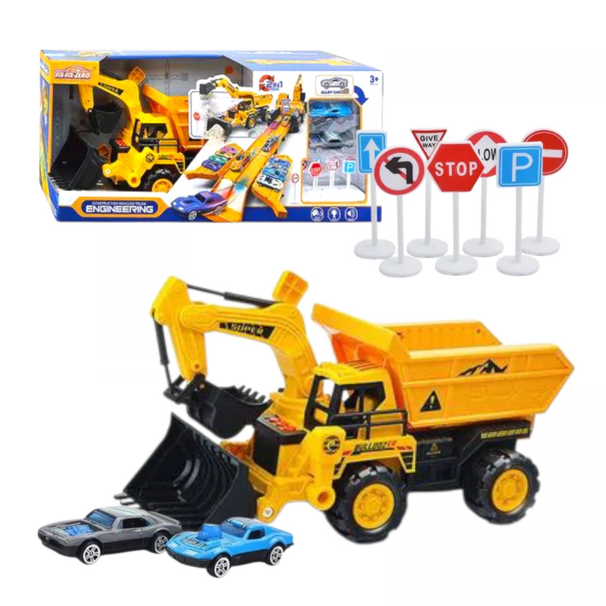 Екскаватор-паркінг з метал. машинками(2шт. ) та аксес. батар. муз. світло. кор. 49,6*17*21,5 см.  фото 1