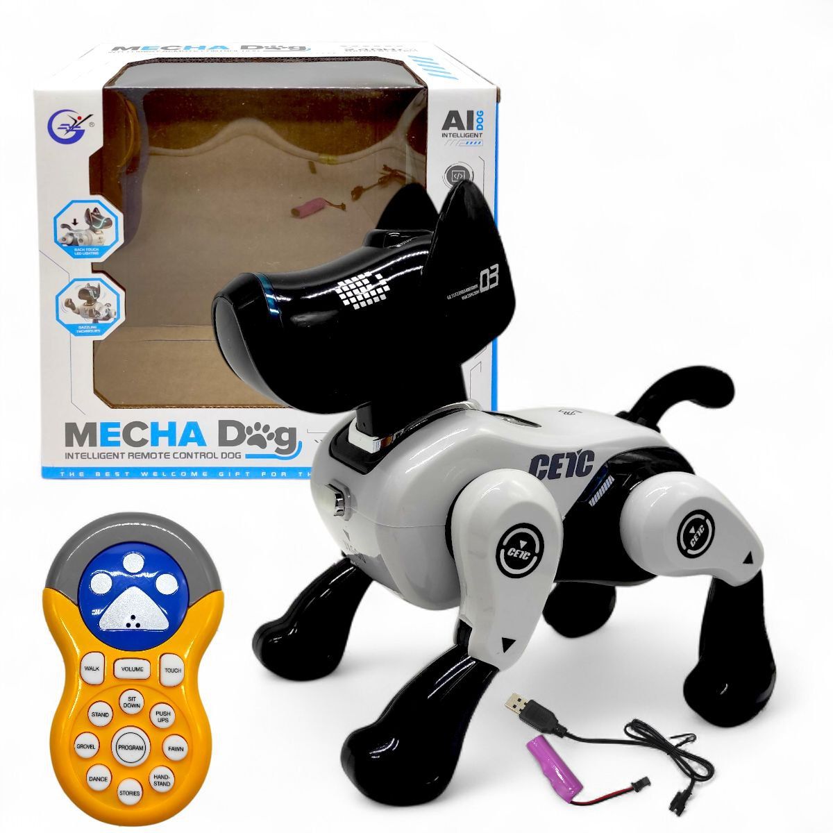 Песик на радіокеруванні (акум.  3,7 V, пульт 2,4 Ghz, музика, підсвічування, звуки, USB-кабель, сенсорний датчик, історії англійською мовою, танцює, виконує команди, регулювання гучності; коробка - 27х25х16 см (білий)  фото 1