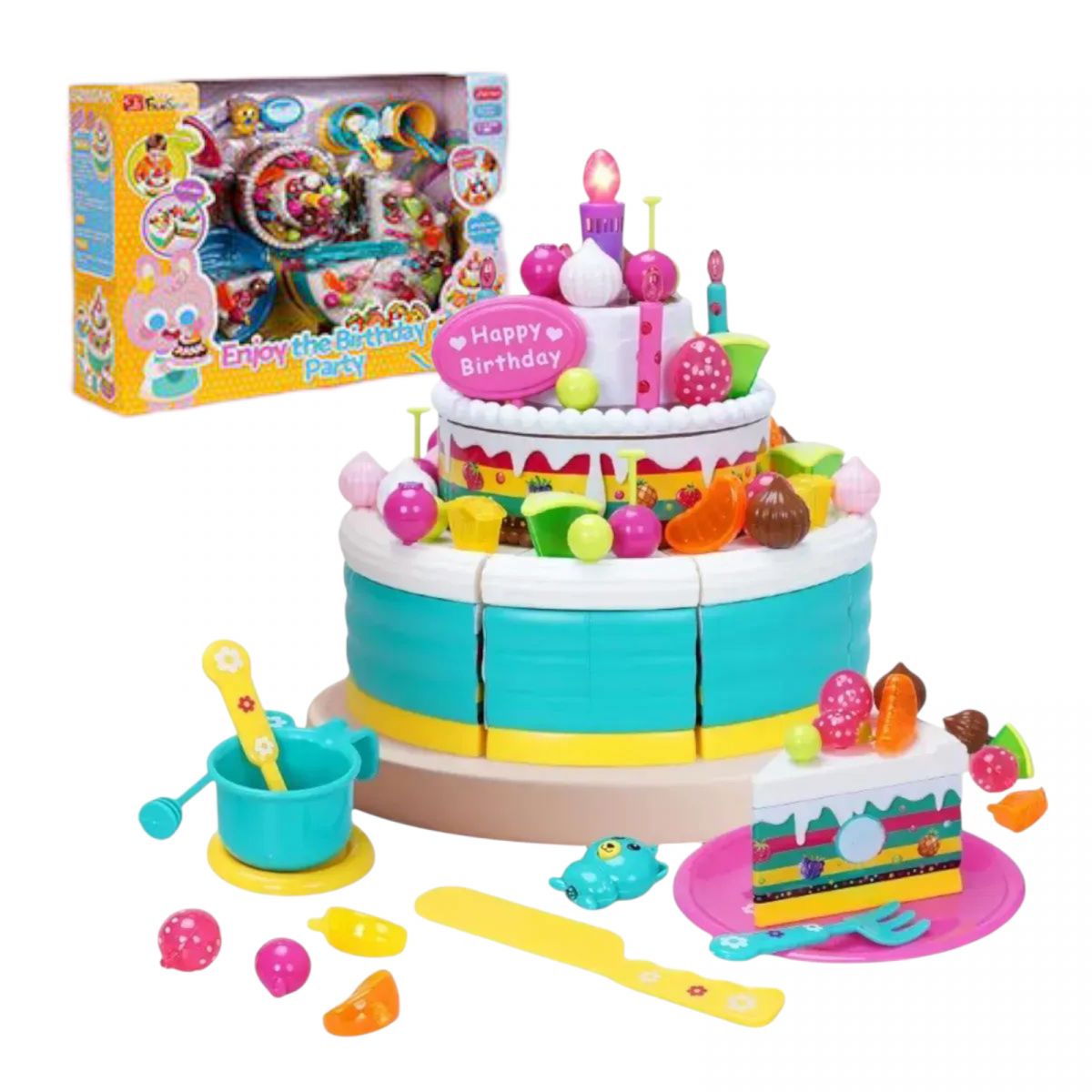 Тортик на липучках смаколики, прикраси, посуд, свічка та запальничка підсвічуються, в коробці  фото 1