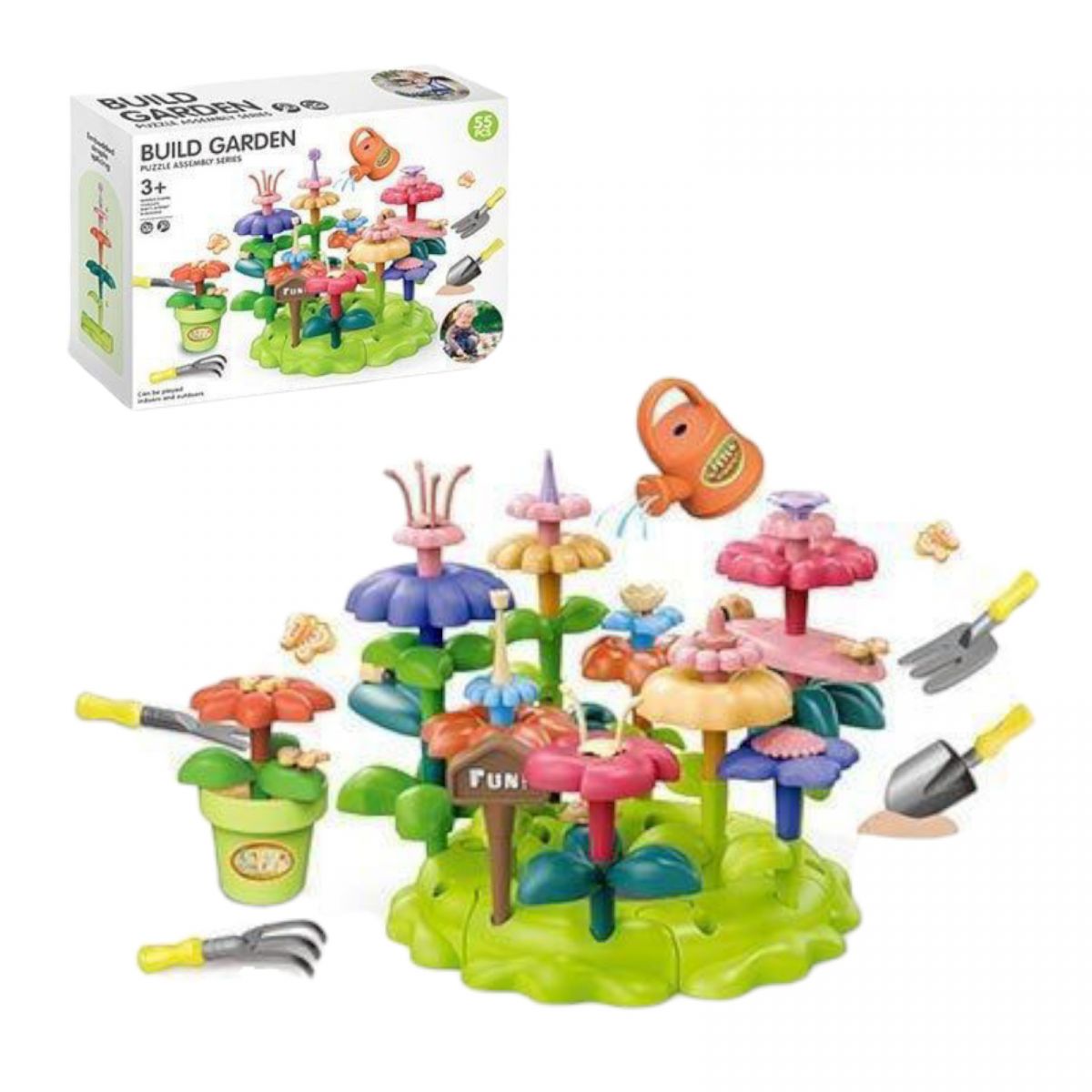 Конструктор “Квітковий сад”, набір садівника, 55 елементів, граблі, лопата, вила, лійка, вазон, квіти, в коробці  фото 1