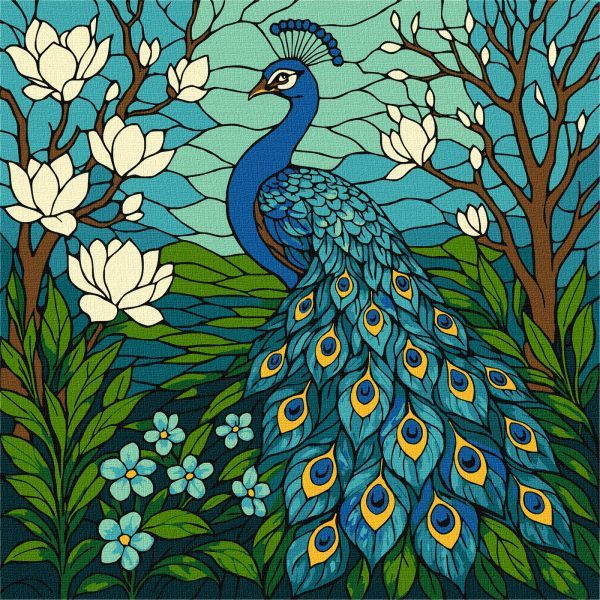 Картина за номерами - "Вітраж.  Павич в магнолії" ©art_selena_ua, 30х30см  фото 1