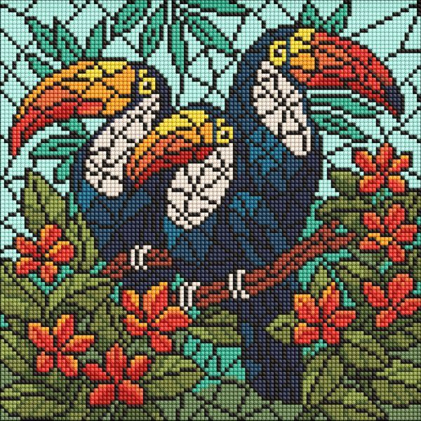 Алмазна мозаїка - "Вітраж.  Тріо туканів" ©art_selena_ua, 30х30см  фото 1