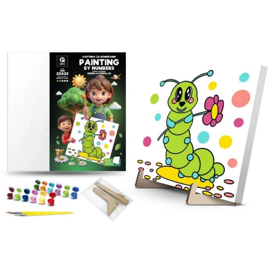 Картина по номерам "Зеленая Гусеница" (25х25 см) с деревянной подставкой  фото 1