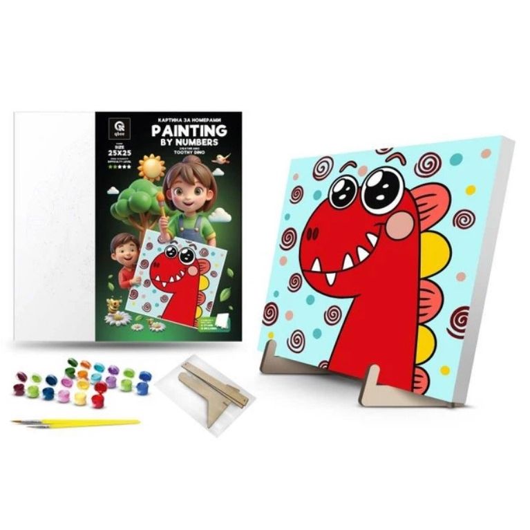 Картина по номерам "Зубатый Дино" (25х25 см) с деревянной подставкой  фото 1