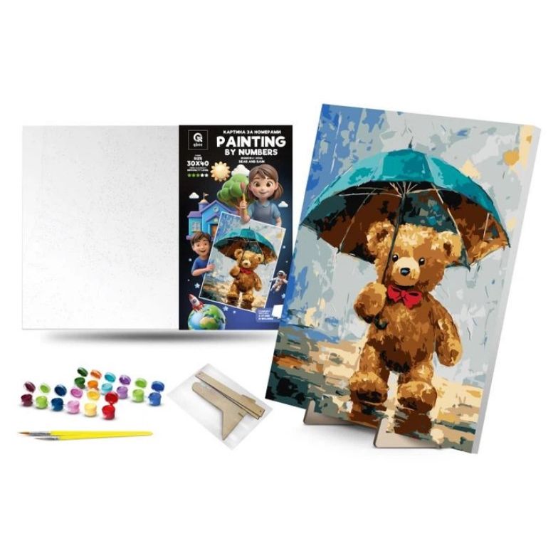 Картина по номерам "Медвежонок и Дождь" (30х40 см) с деревянной подставкой  фото 1