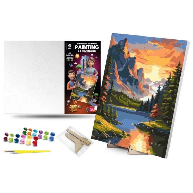Картина по номерах 40х50 см "Світанок у горах" з деревʼяною підставкою  фото 1