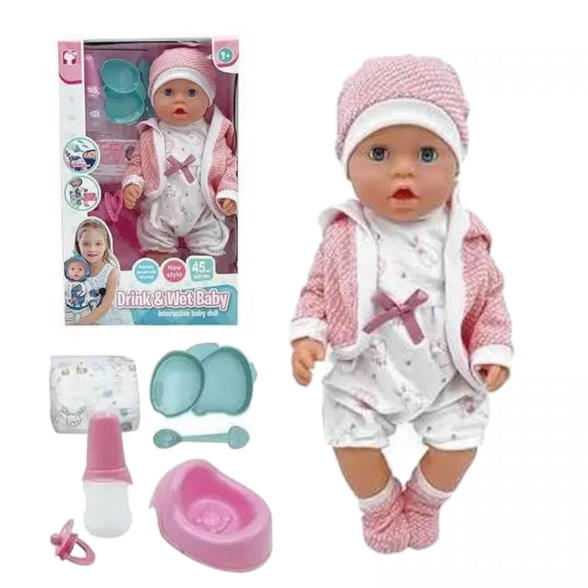Пупс высота 45 см, пьет из бутылочки, ходит на горшок, закрывает глаза, съемную одежду, аксессуары, в коробке  фото 1