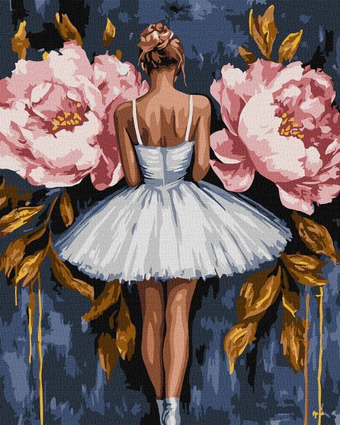 Картина за номерами - "Балерина з рожевими півоніями" з фарбами металік extra ©art_selena_ua, 40х50см  фото 1