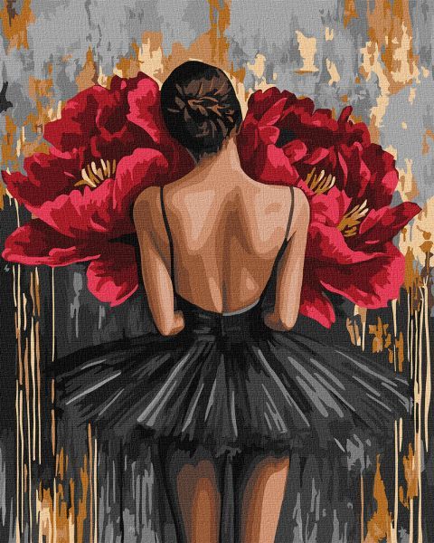 Картина за номерами - Балерина з червоними півоніями з фарбами металік 40х50 см.  фото 1