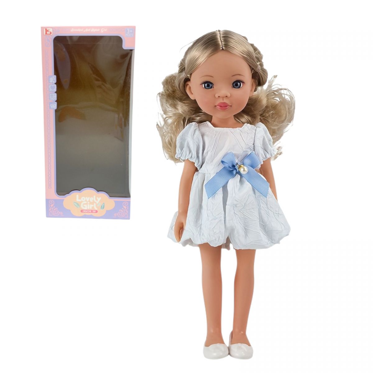 Лялька в сукні з блакитним бантом, розмір 33см  фото 1
