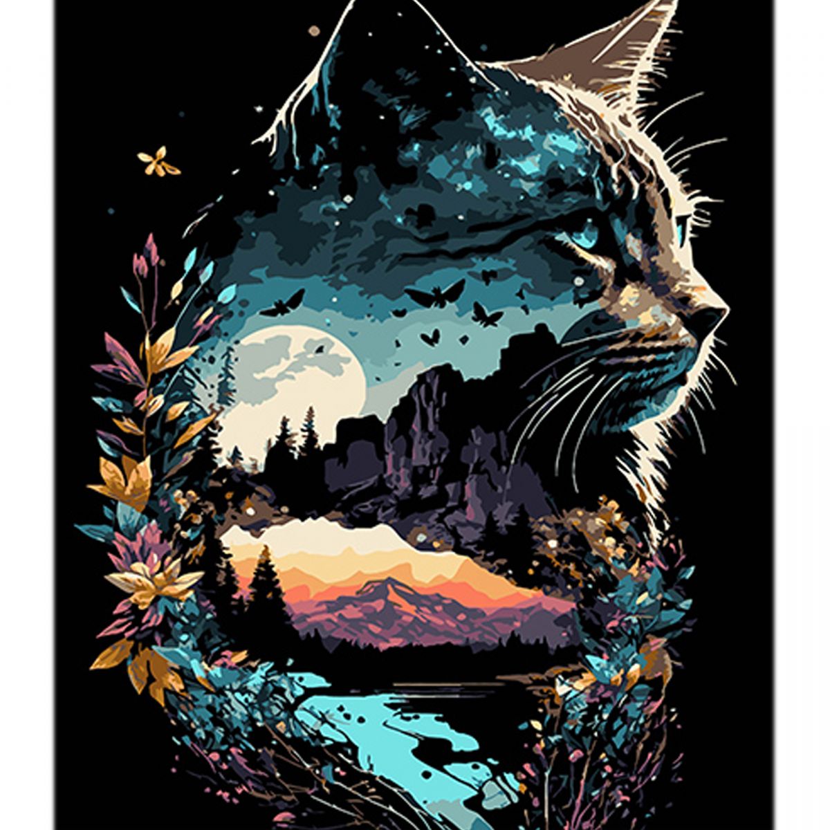 Картина по номерах на чорному фоні "Котяче відображення природи" 40х50 см  фото 1